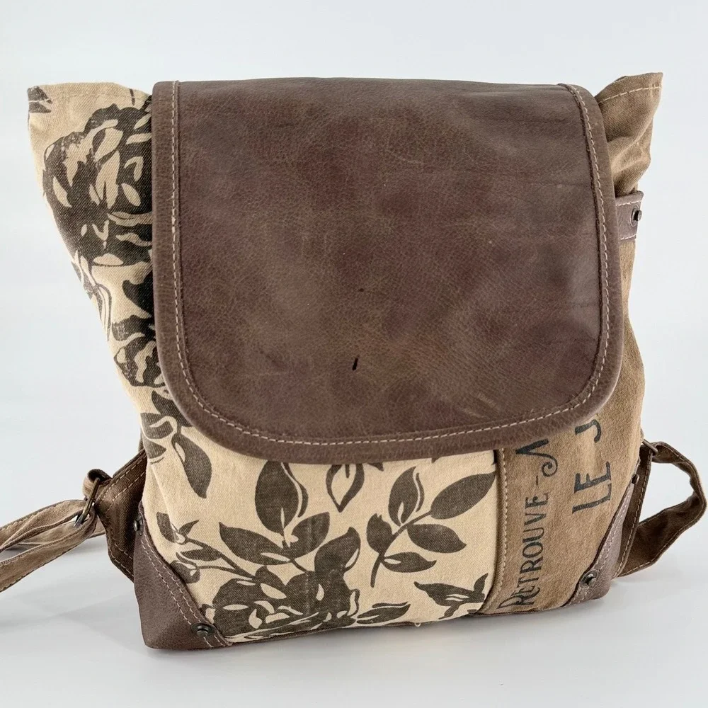 CLEA RAY Le Jardin Floral Canvas Leather Backpack Purse Upcycled Brown